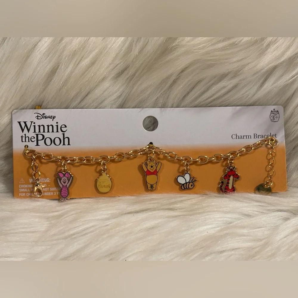 Disney Winnie the Pooh Charm Bracelet Honey Pot Bee Signed Gold Tone 8